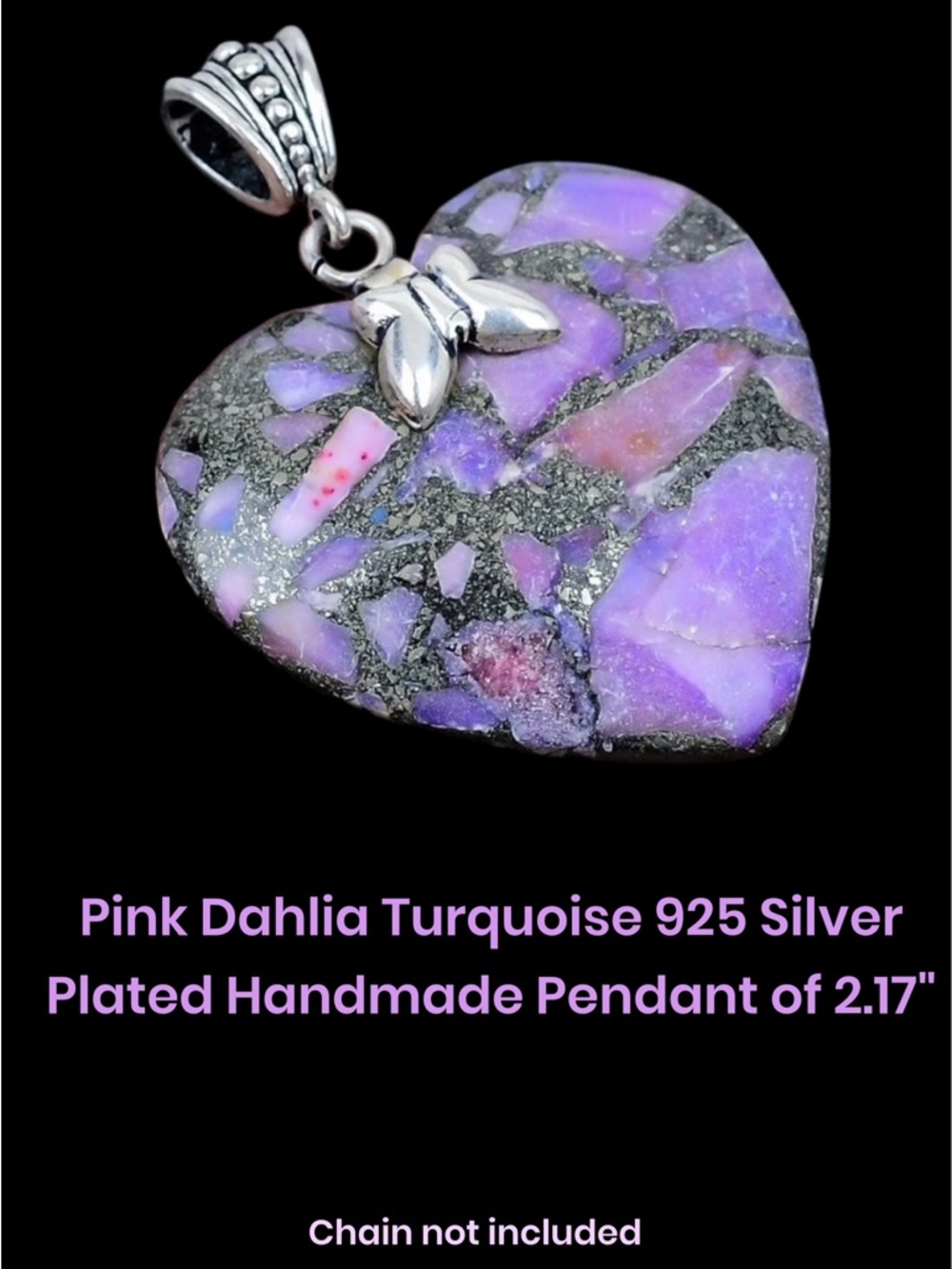 Handmade Pink Dahlia Turquoise Heart Pendant - Silver Plated Bail